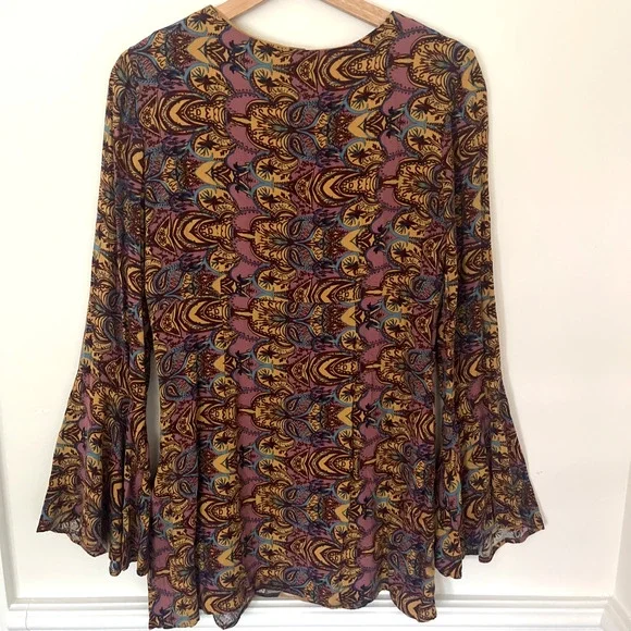 Free People Ossie Vibes Bell Sleeve Dress Tunic Gold Purple Boho Retro Size 10 - Picture 5 of 8